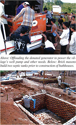 Above: Offloading the donated generator to power the village’s well pump and other needs. Below: Brick masons build two septic tanks prior to construction of bathhouses.