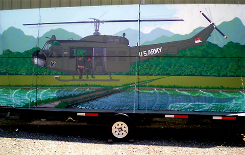 Benny Gutierrez, a member of Butte County, California, Chapter 582, served as a crew chief and door gunner on a UH-1 Iroquois Huey helicopter in Vietnam with D Troop of the 2nd Squadron in the First Cavalry Division. He has created a mural featuring the Huey, which he displays at parades and military events in honor of his fellow First Cav troopers.